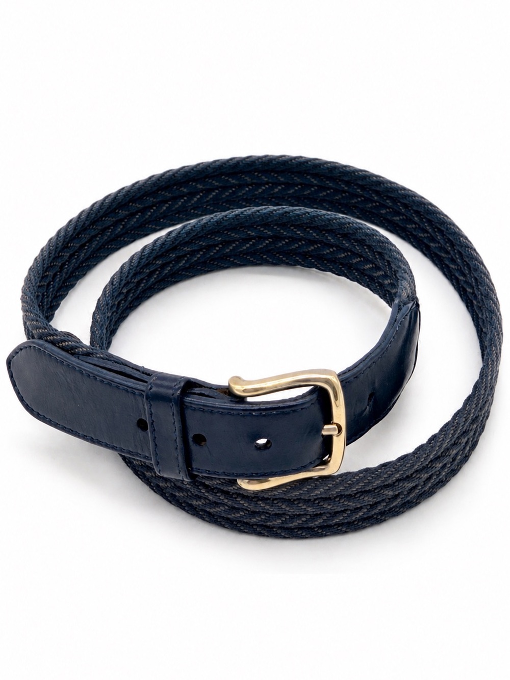 Trafalgar Golf Navy Woven Stretch Belt Leather Trim Gold Buckle